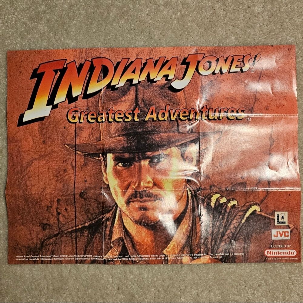 VTG Indiana Jones Greatest Adventures Promo Poster/Insert SNES JVC Nintendo